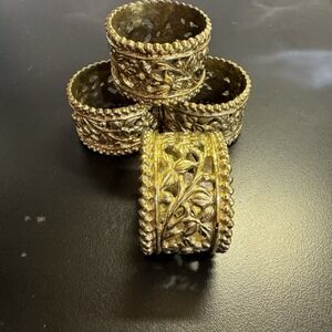 Set Of 4 Vintage Brass Floral Filigree Scroll Napkin Rings Made in India